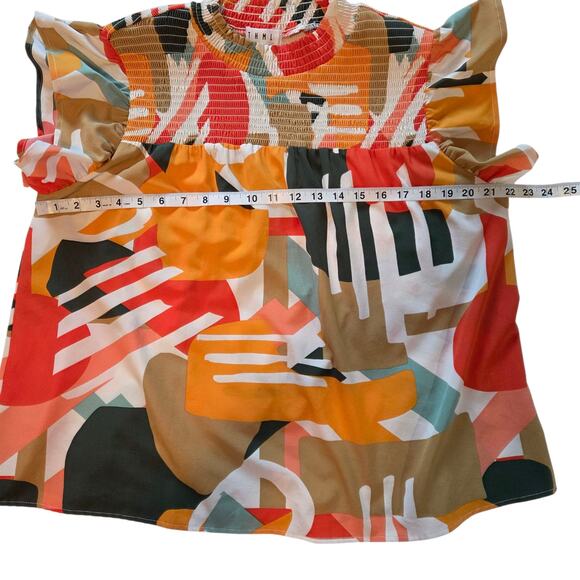THML Anthropologie Blouse sz Large, Smocked, Flutter Sleeves, Bright Print - Picture 6 of 8